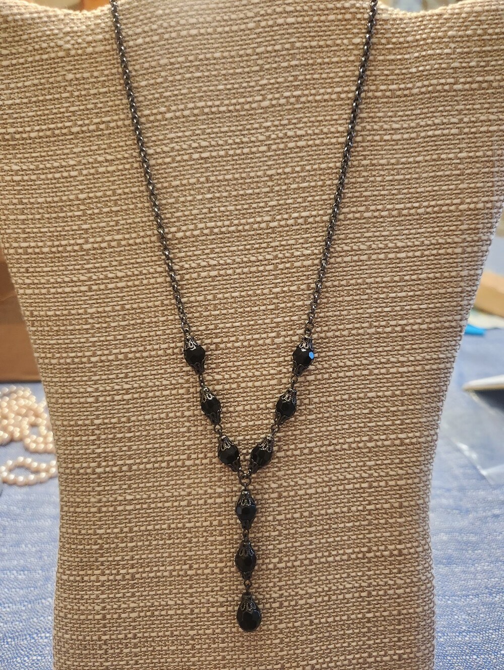 Vtg 1928 Black Gold Tone Glass Crystal Chain Link Necklace